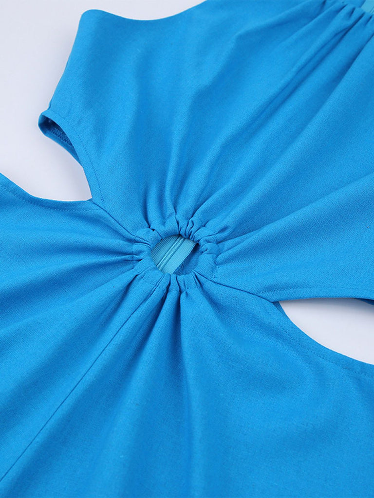 Blue 1970s Solid Hollow Sleeveless Romper