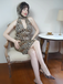 Brown 1960s Halter V-Neck Leopard Dress