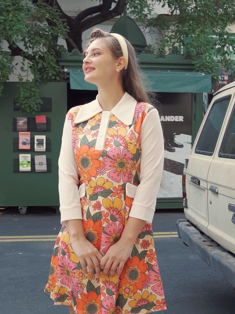 Orange 1960s Lapel Flowers Patchwork Dress