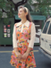 Orange 1960s Lapel Flowers Patchwork Dress