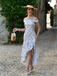 Blue 1930s Off-Shoulder Floral Ruffles Hem Dress