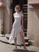Blue 1930s Off-Shoulder Floral Ruffles Hem Dress