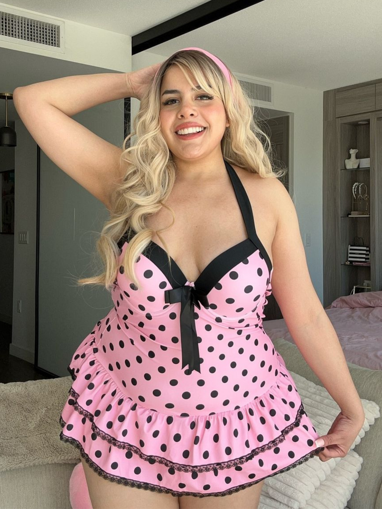 Pink 1940s Halter Polka Dots Bow One-Piece Swimsuit