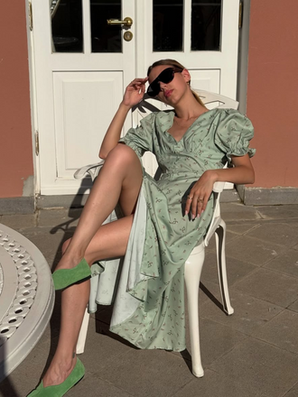 Green 1940s V-Neck Floral Lantern Sleeves Dress