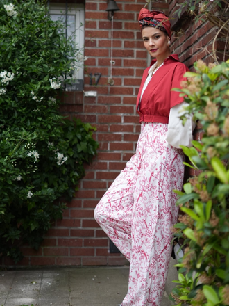 2PCS 1930s Solid Dolman Blouse & Floral Pants