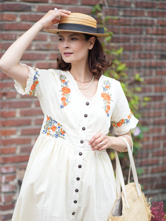 Pure Cotton Beige 1940s V-Neck Floral Dress