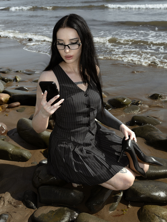 2PCS Dark Gray 1960s Pinstripes Top & Pleated Skirt