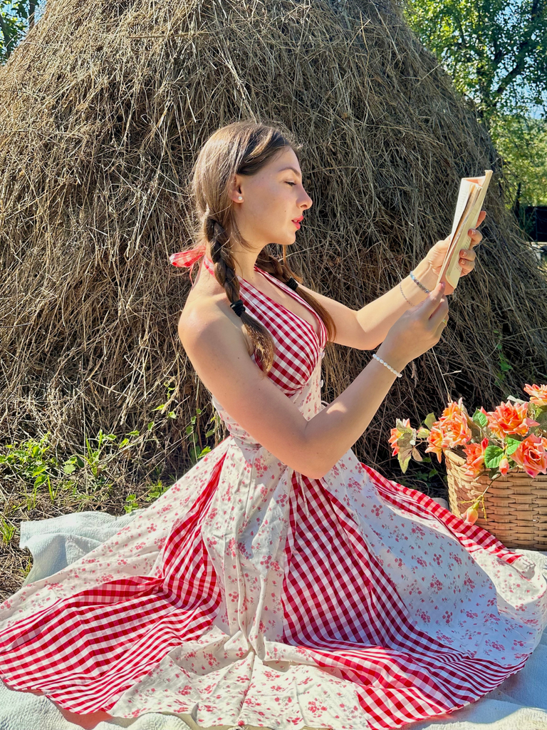 Red 1950s Countryside Floral Plaid Halter Dress