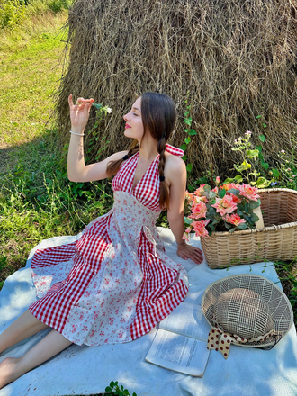 Red 1950s Countryside Floral Plaid Halter Dress