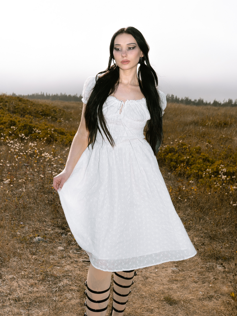 White 1940s Solid Cotton Embroidered Lace Dress