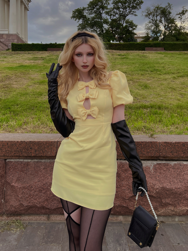 Yellow 1960s Bow Puff Sleeve Solid Dress