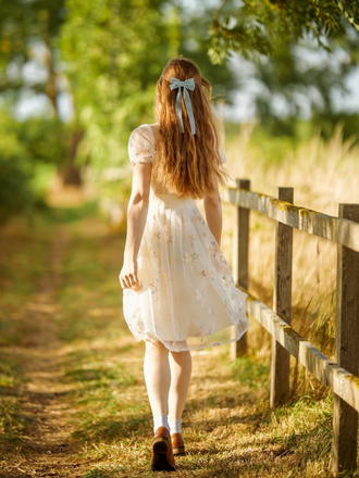 White 1950s Deep V-Neck Embroidered Floral Dress