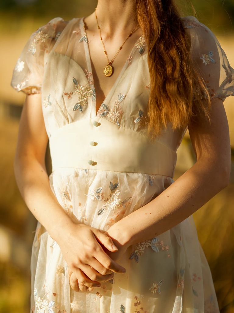 White 1950s Deep V-Neck Embroidered Floral Dress