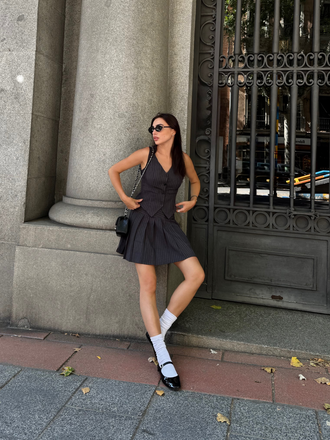 2PCS Dark Gray 1960s Pinstripes Top & Pleated Skirt