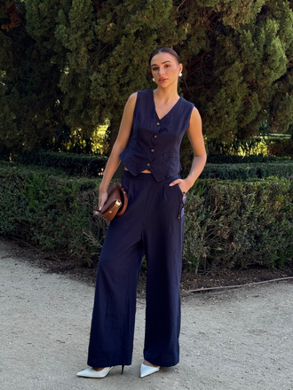 2PCS Dark Blue 1960s Solid Sleeveless Blazer Suit