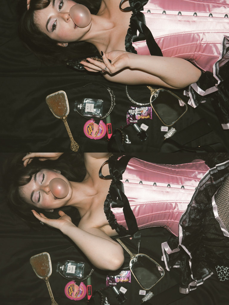 2PCS Black & Pink 1980s Steampunk Strapless Corset & Skirt