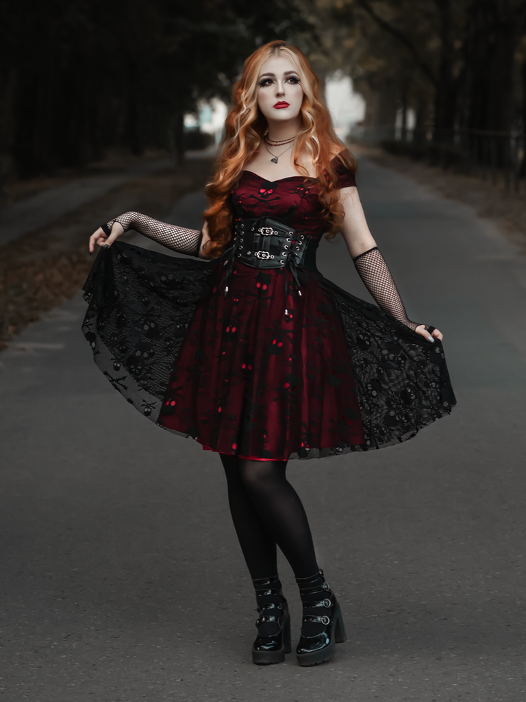 Wine Red 1950s Skull Mesh Swing Dress