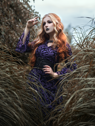 Purple 1960s Bats Mesh Bell Sleeves Dress