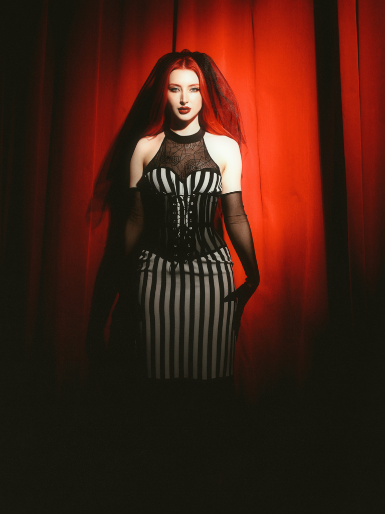 Black 1930s Spiderweb Mesh Stripe Fishtail Dress