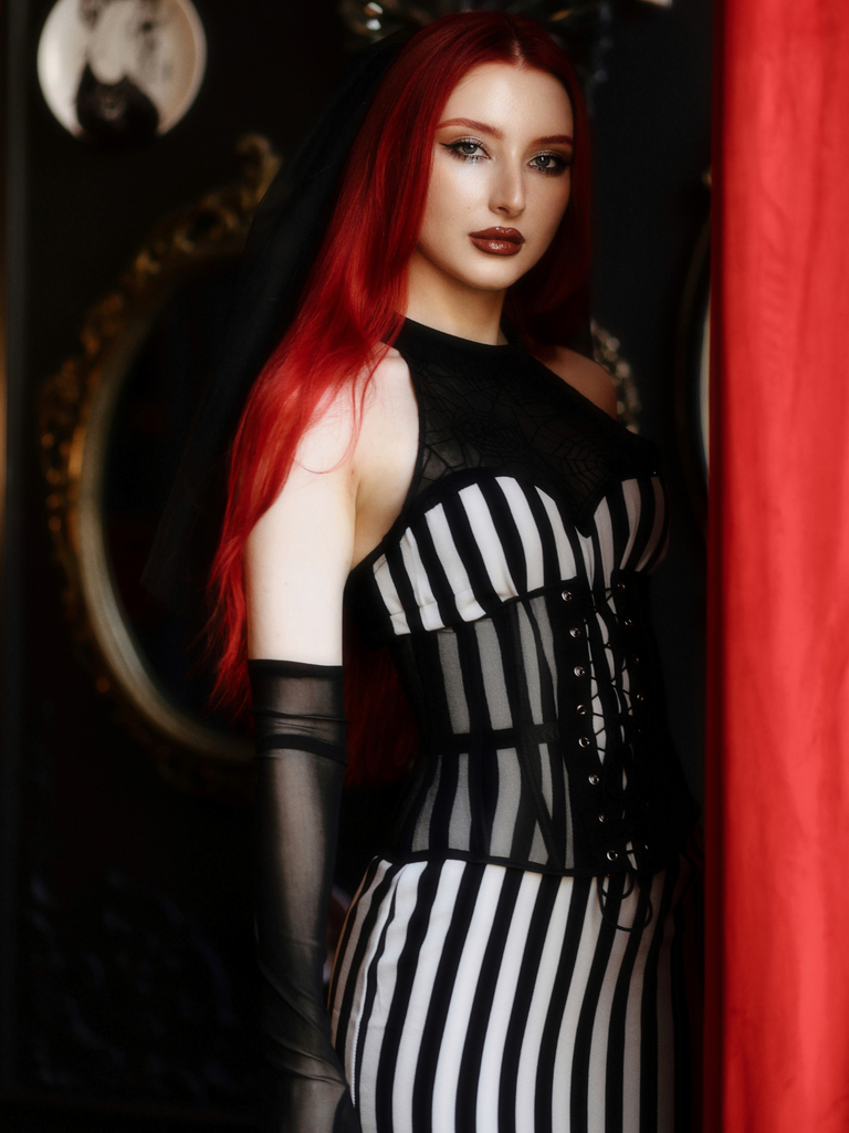 Black 1930s Spiderweb Mesh Stripe Fishtail Dress