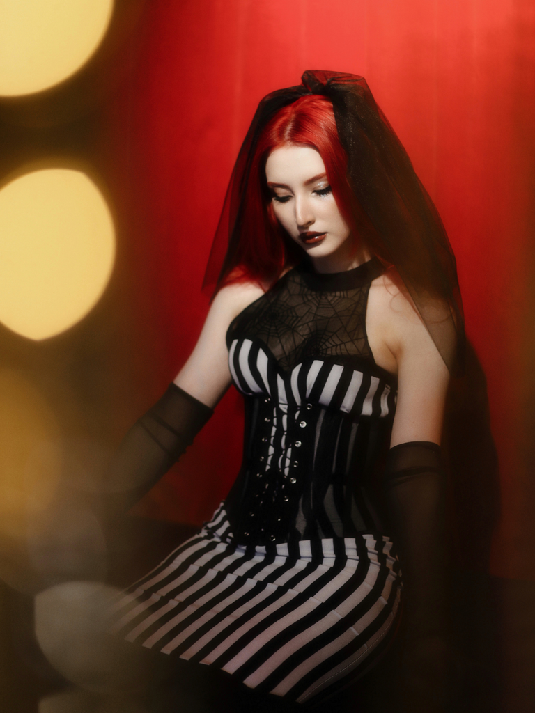 Black 1930s Spiderweb Mesh Stripe Fishtail Dress