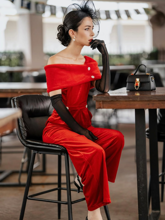 Red 1950s Velvet Off Shoulder Button Jumpsuit