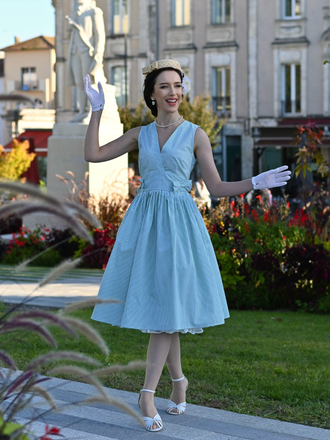 Mint Green 1950s Striped V-Neck Dress