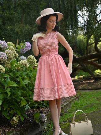Pink 1950s Gingham Plaid Patchwork Cotton Dress