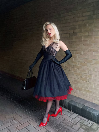 Black 1950s Lace Floral Mesh Swing Dress