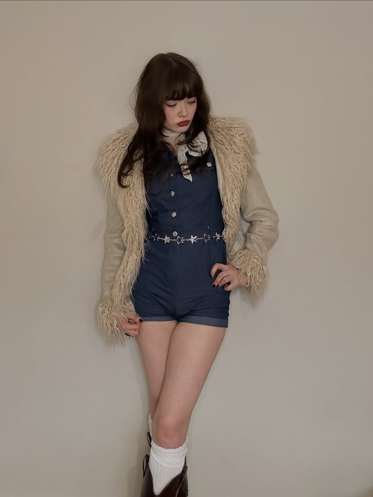 Blue 1970s Solid Cotton Sleeveless Denim Romper