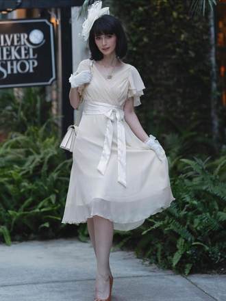 Champagne 1950s Satin Belt Tulle Cocktail Dress