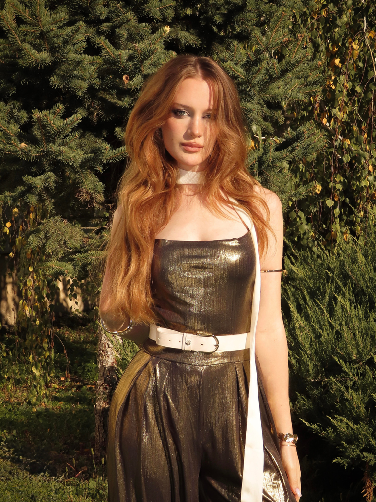 Metallic Gold 1980s Cowl Neck Spaghetti Strap Jumpsuit