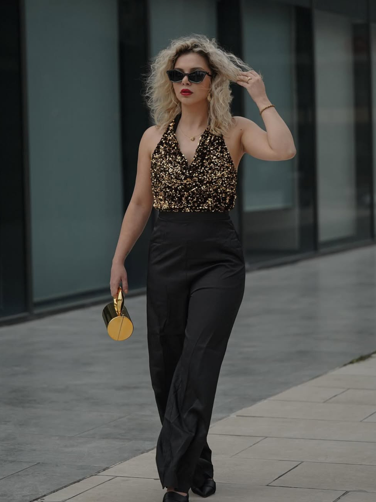 Gold 1930s Halter Neck Sequined Jumpsuit