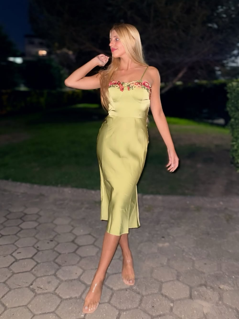 Green 1960s Spaghetti Strap 3D Floral Dress