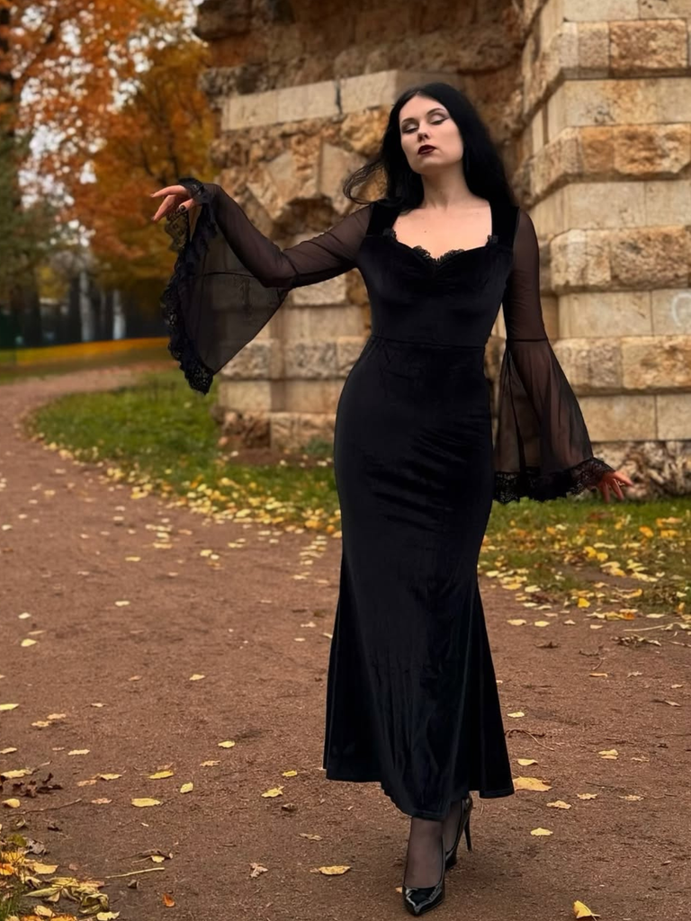 Black 1970s Halloween Solid Lace Dress