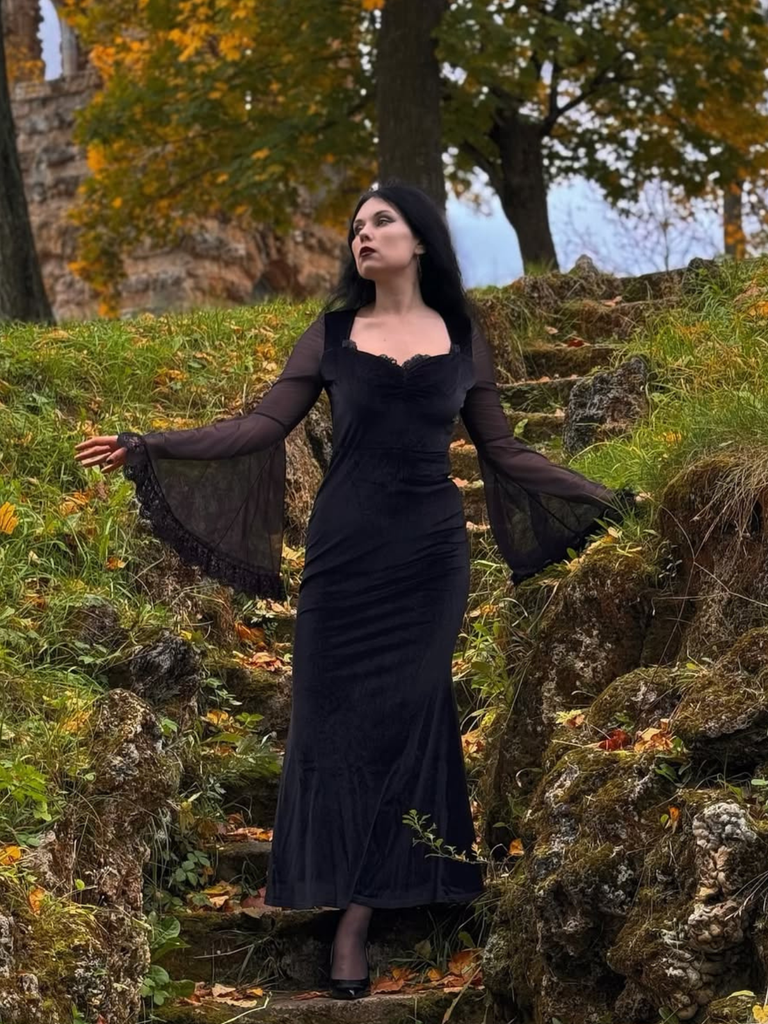 Black 1970s Halloween Solid Lace Dress