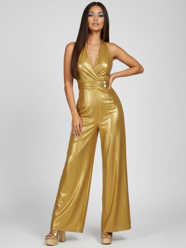 Gold 1970s Solid V-Neck Halter Jumpsuit