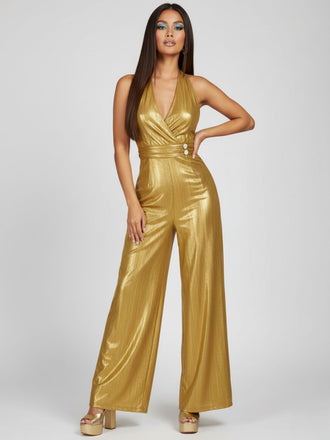 Gold 1970s Solid V-Neck Halter Jumpsuit