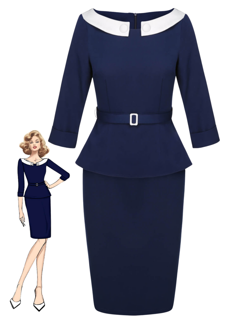 2PCS Blue 1960s Belt Top & Back Split Pencil Skirt