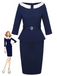 2PCS Blue 1960s Belt Top & Back Split Pencil Skirt