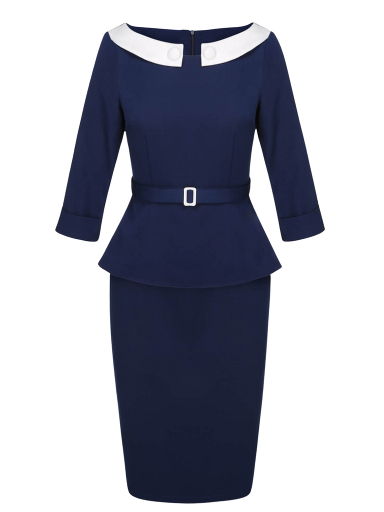 2PCS Blue 1960s Belt Top & Back Split Pencil Skirt