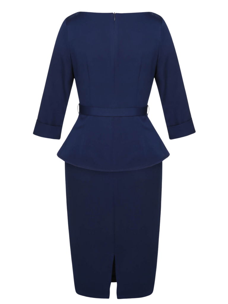 2PCS Blue 1960s Belt Top & Back Split Pencil Skirt