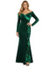 Green 1930s Velvet Off-Shoulder Ruffle-Trim Mermaid Dress