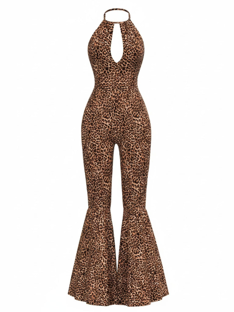 [Pre-Sale] Brown 1970s Leopard Halter Hollow Flared Jumpsuit