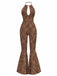 [Pre-Sale] Brown 1970s Leopard Halter Hollow Flared Jumpsuit