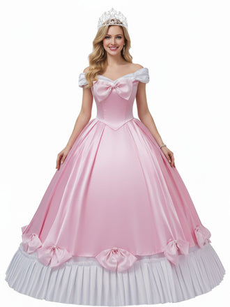 Pink 1950s Off-Shoulder Pleated Satin Bow Princess Dress