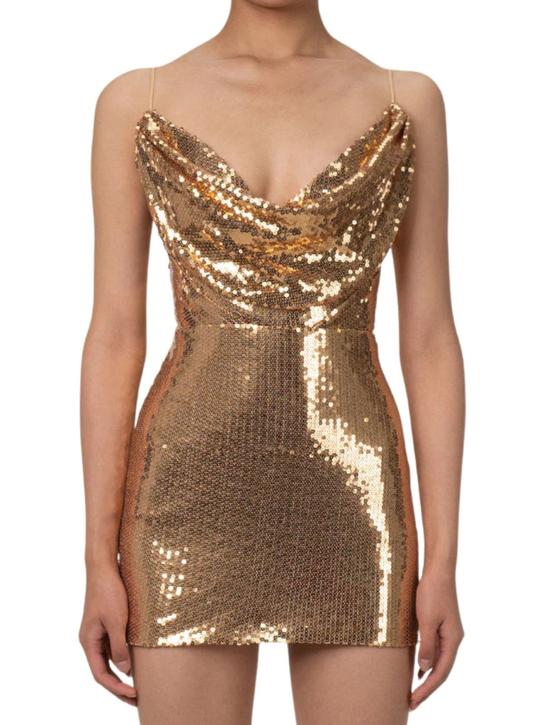 Gold 1970s Solid Sequined Mini Party Dress