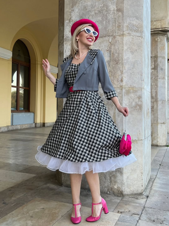 2PCS 1950s Lapel Rolled Sleeve Plaids Coat & Strap Dress