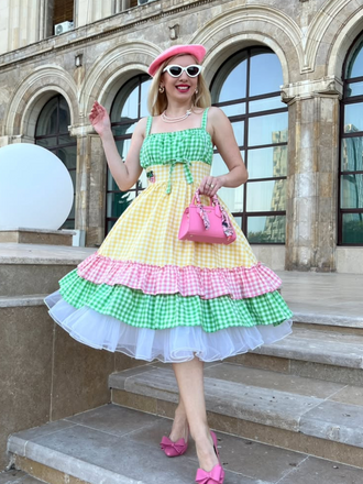 Multicolor 1950s Pure Cotton Straps Plaid Dress