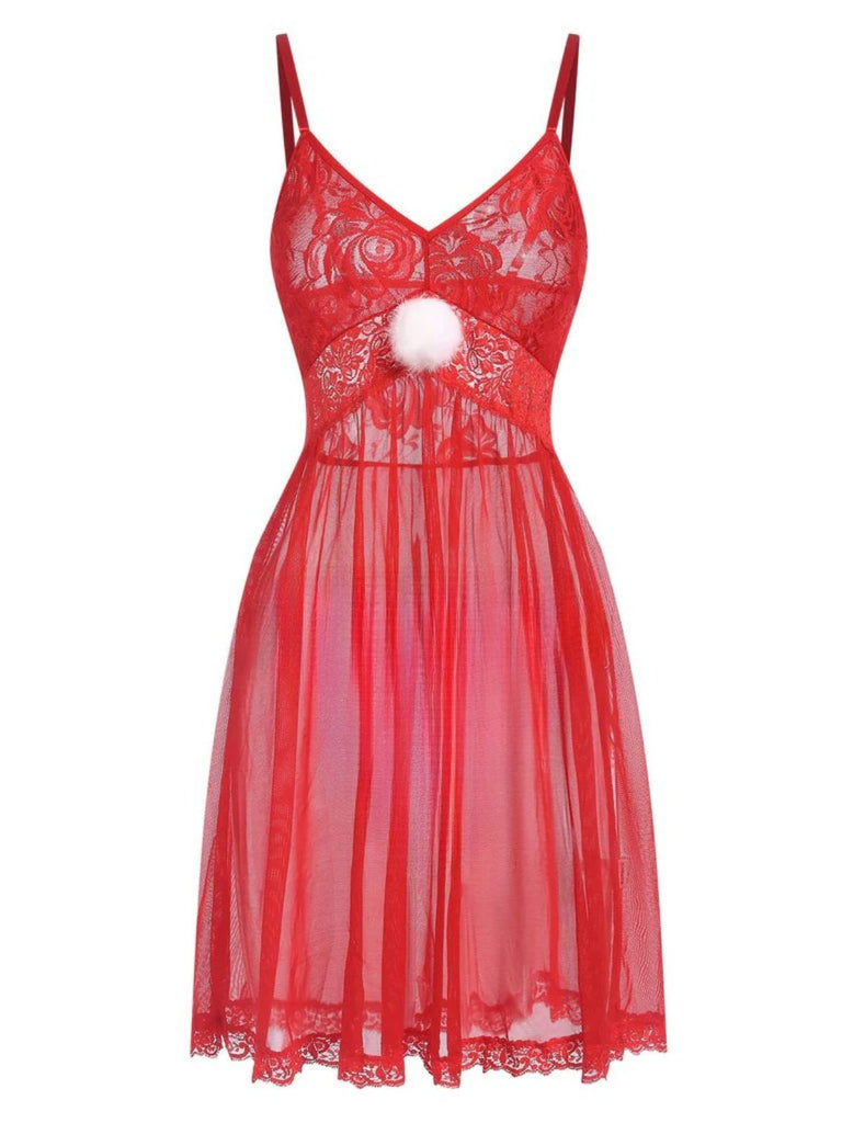 Red 1950s Lace Sheer Straps Nightgown